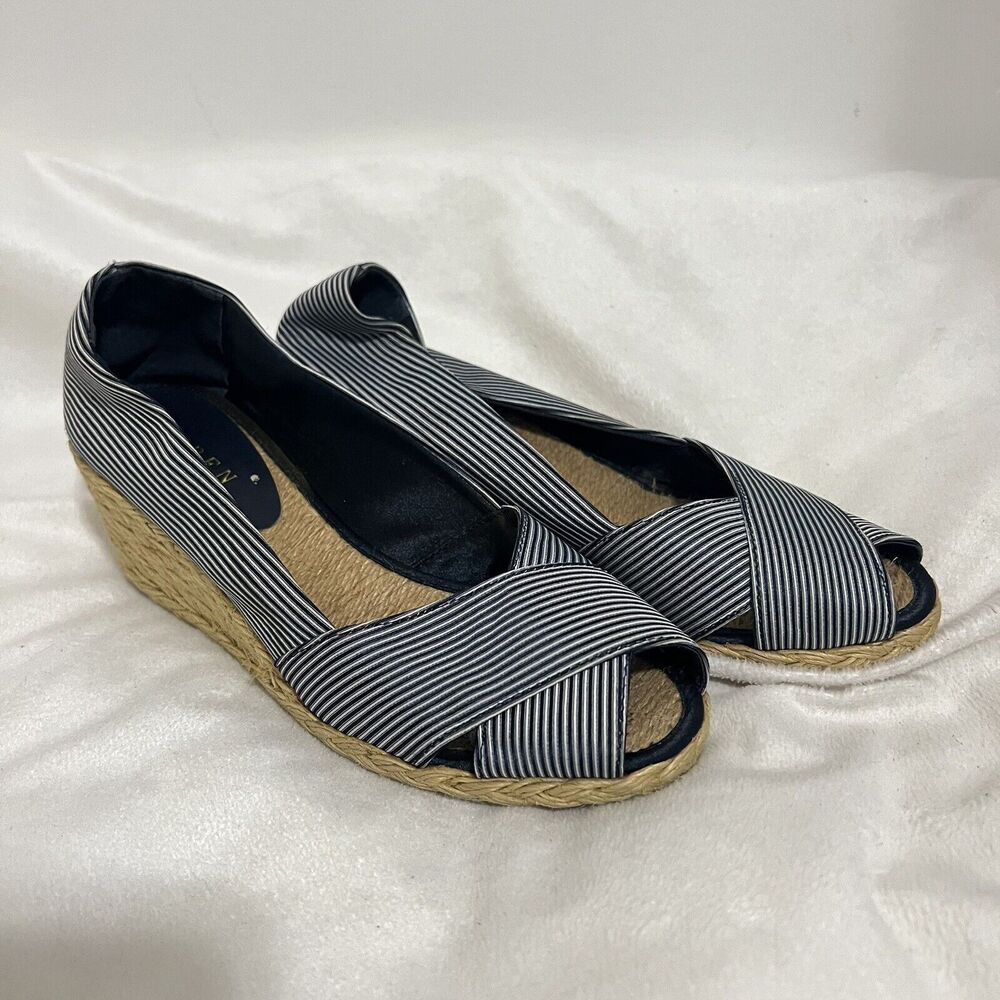 Lauren Ralph Lauren  Cecilia Espadrille Wedge Sandals Size 7.5 Blue White Stripe